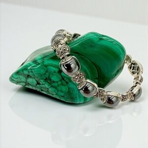 Art Deco Style 925 Sterling Hematite Marcasite Bracelet 7.5” Vintage wt 50gr